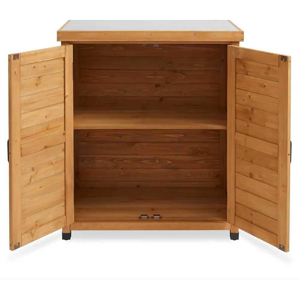Wooden Outdoor Garden Potting Bench With Metal Tabletop And Cabinet