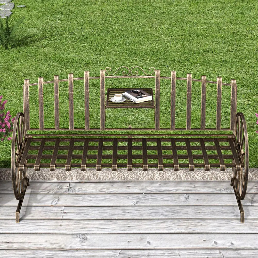 Outdoor Garden Bench With Built In Table And Wagon Wheel
