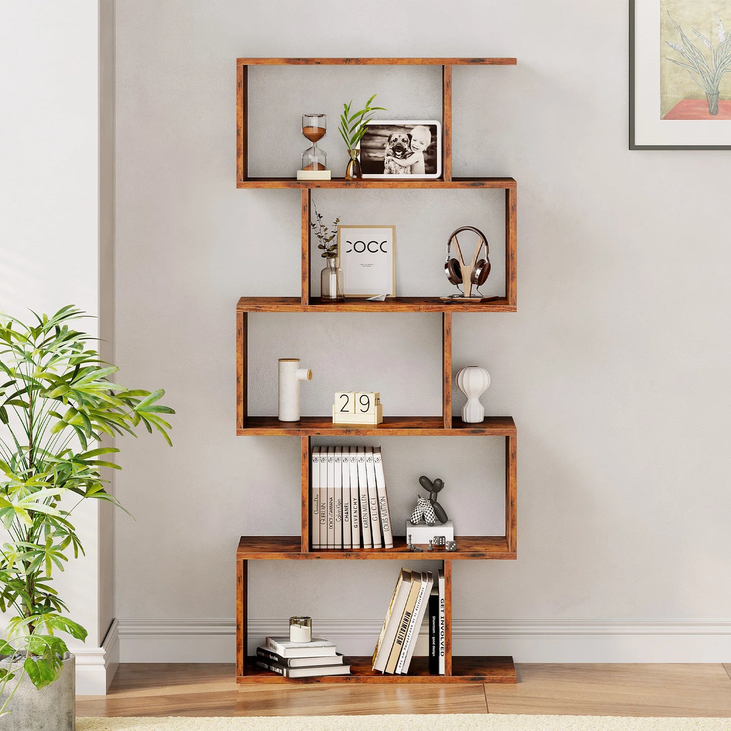 JHK Five Tier S Shaped Geometric Wooden Bookcase Display Shelf