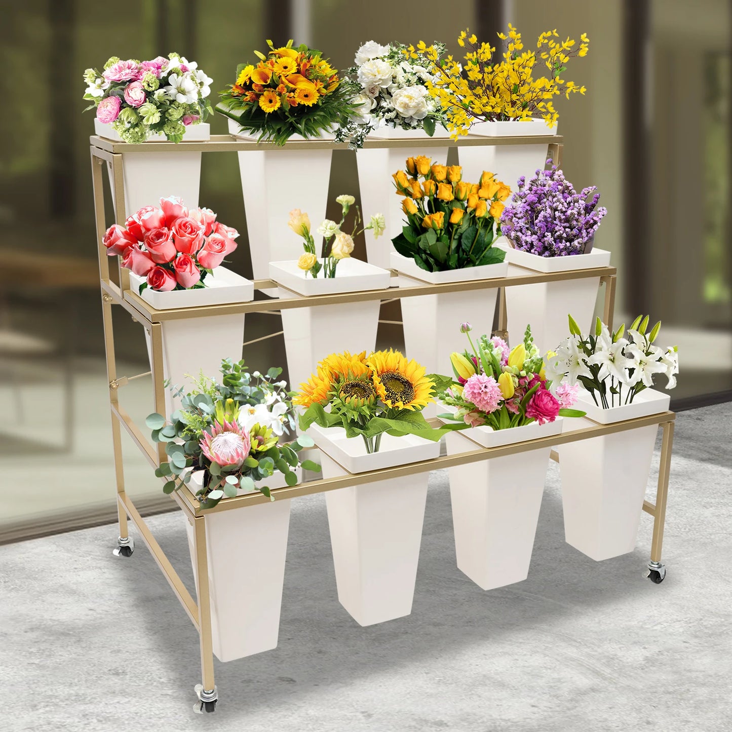 CNCEST Flower Display Stand With 12 Buckets 3-Tier Cart