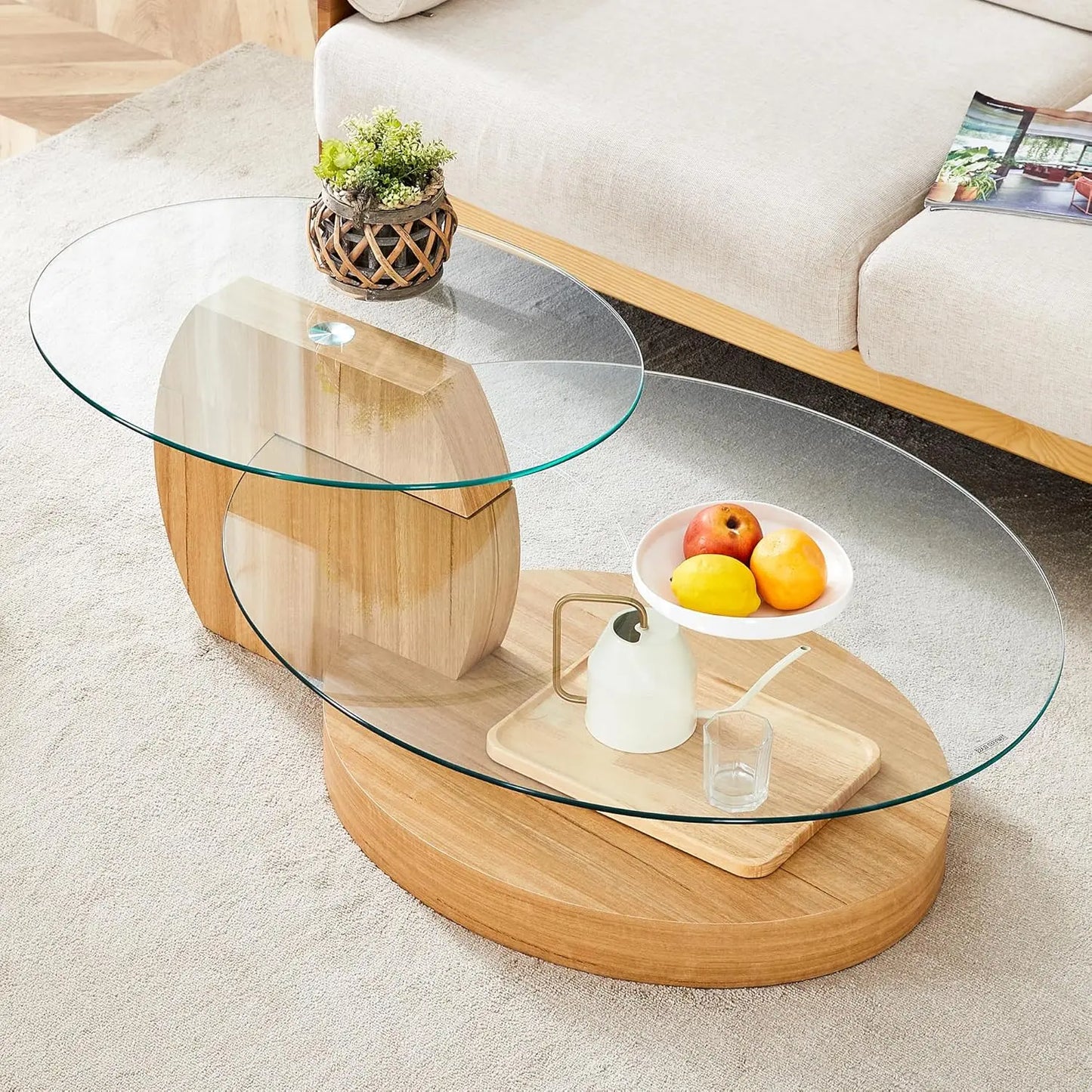 Round Glass Coffee Table With Wood Base Storage Modern Design