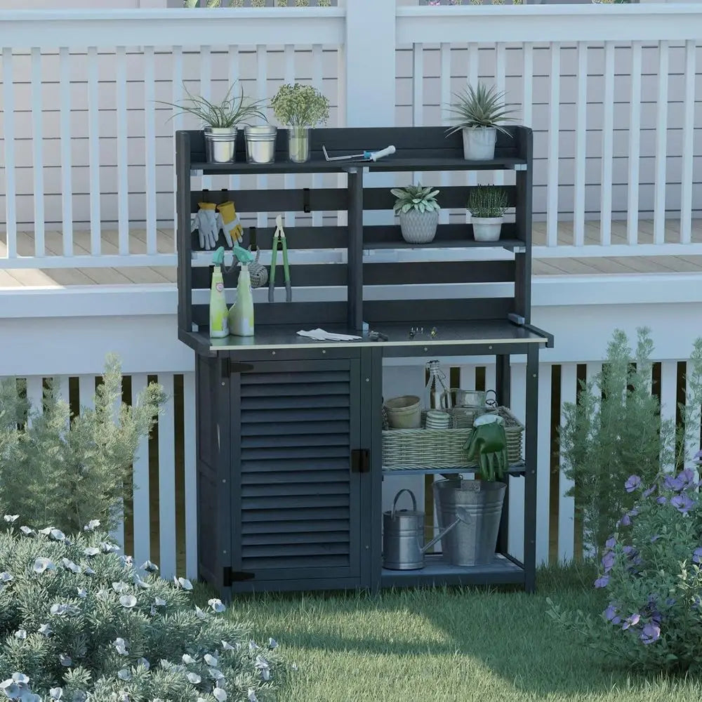 Potting Bench Table Outdoor Garden Workstation With Storage Cabinet