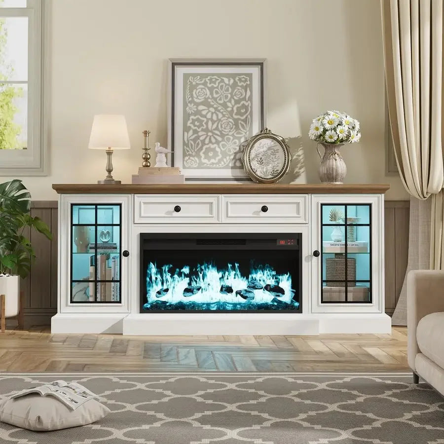 Farmhouse Media Console Entertainment Center With Electric Fireplace Led Lights