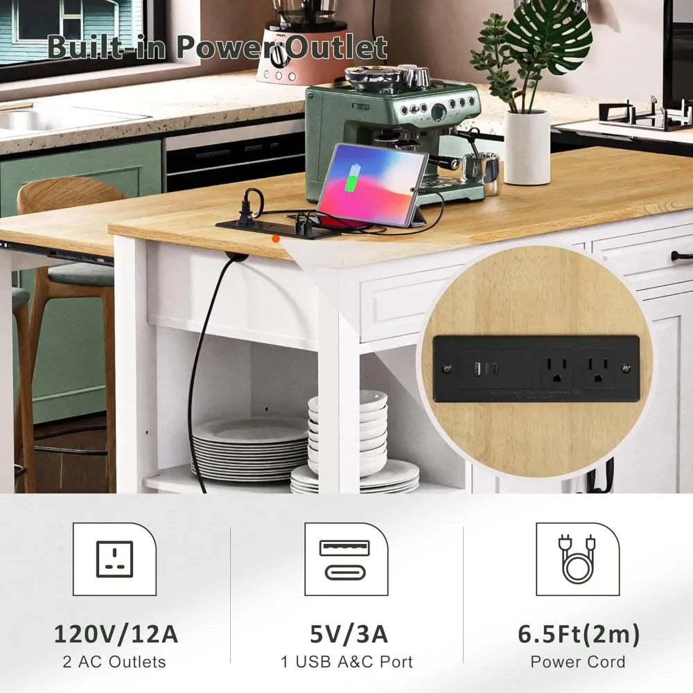 Kitchen Island With Extendable Table Power Outlet Storage Drawers Cabinets
