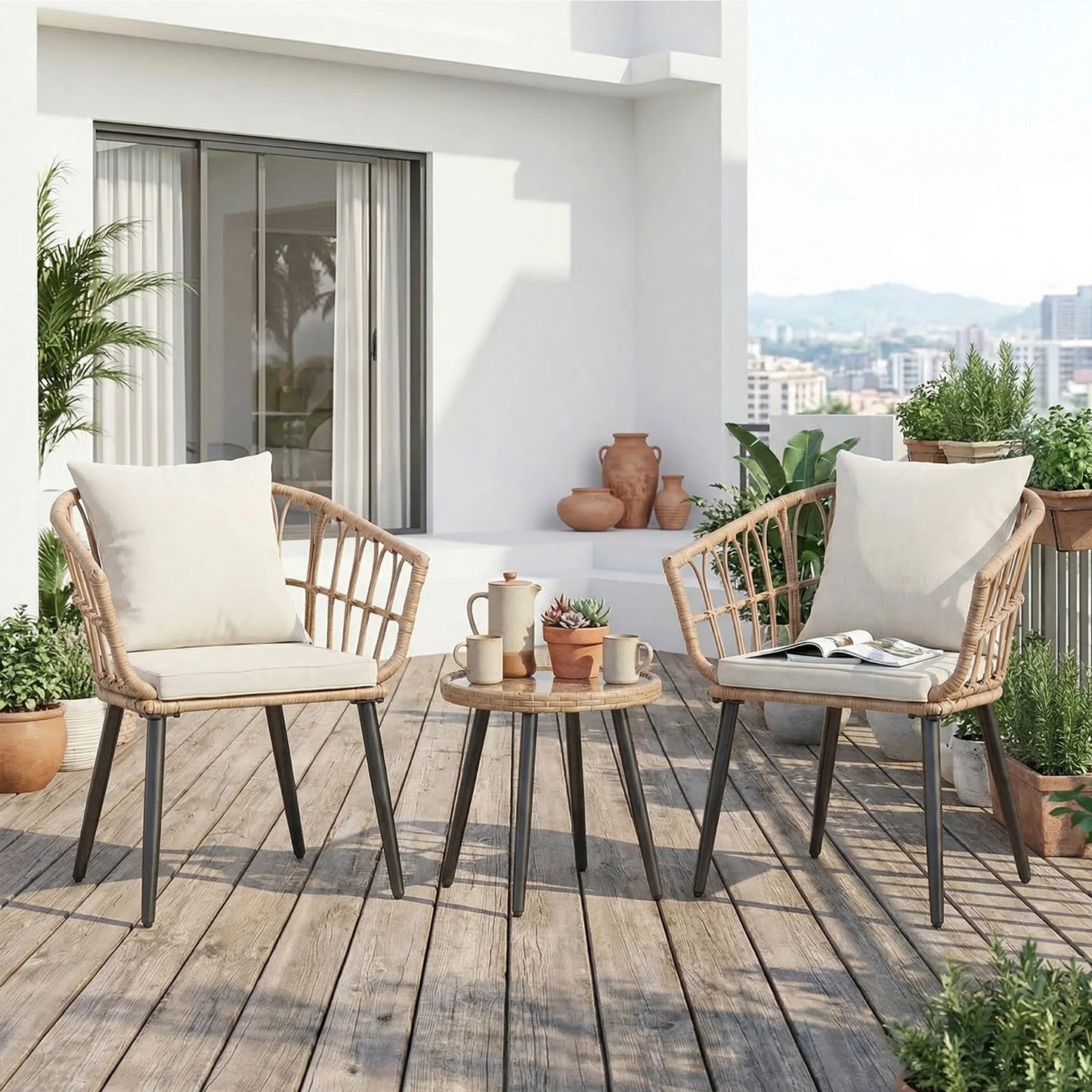 Wicker Patio Outdoor Set With Cushions Glass Top Table