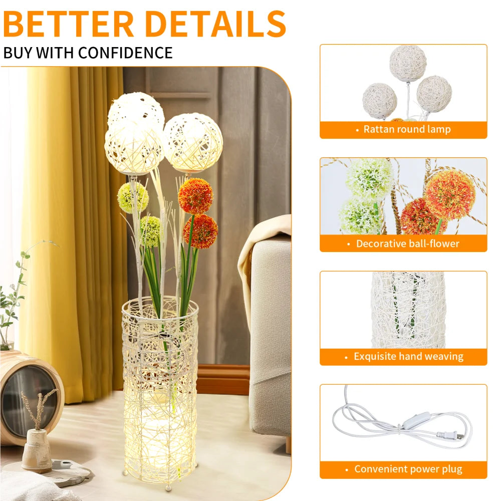 Modern Handwoven Rattan Floor Lamp with Lampshade and LED Bulb