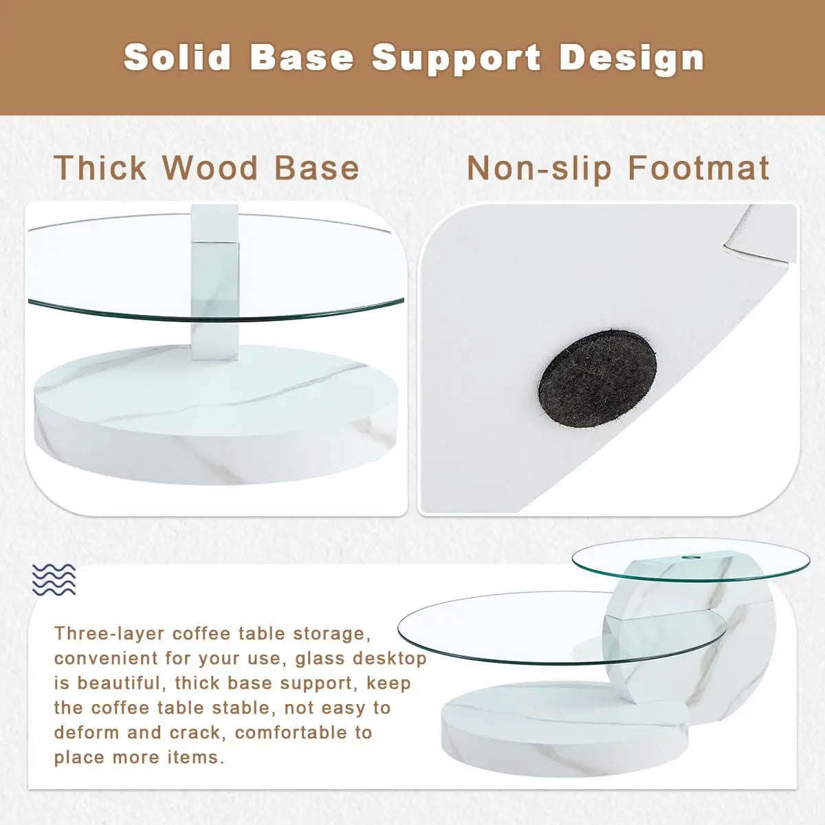 Round Glass Coffee Table With Wood Base Storage Modern Design