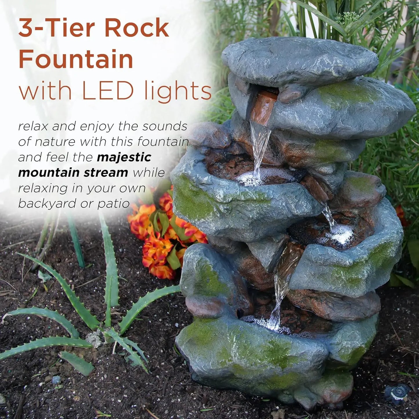 Outdoor Rock Waterfall Fountain With LED Lights, 3-Tier