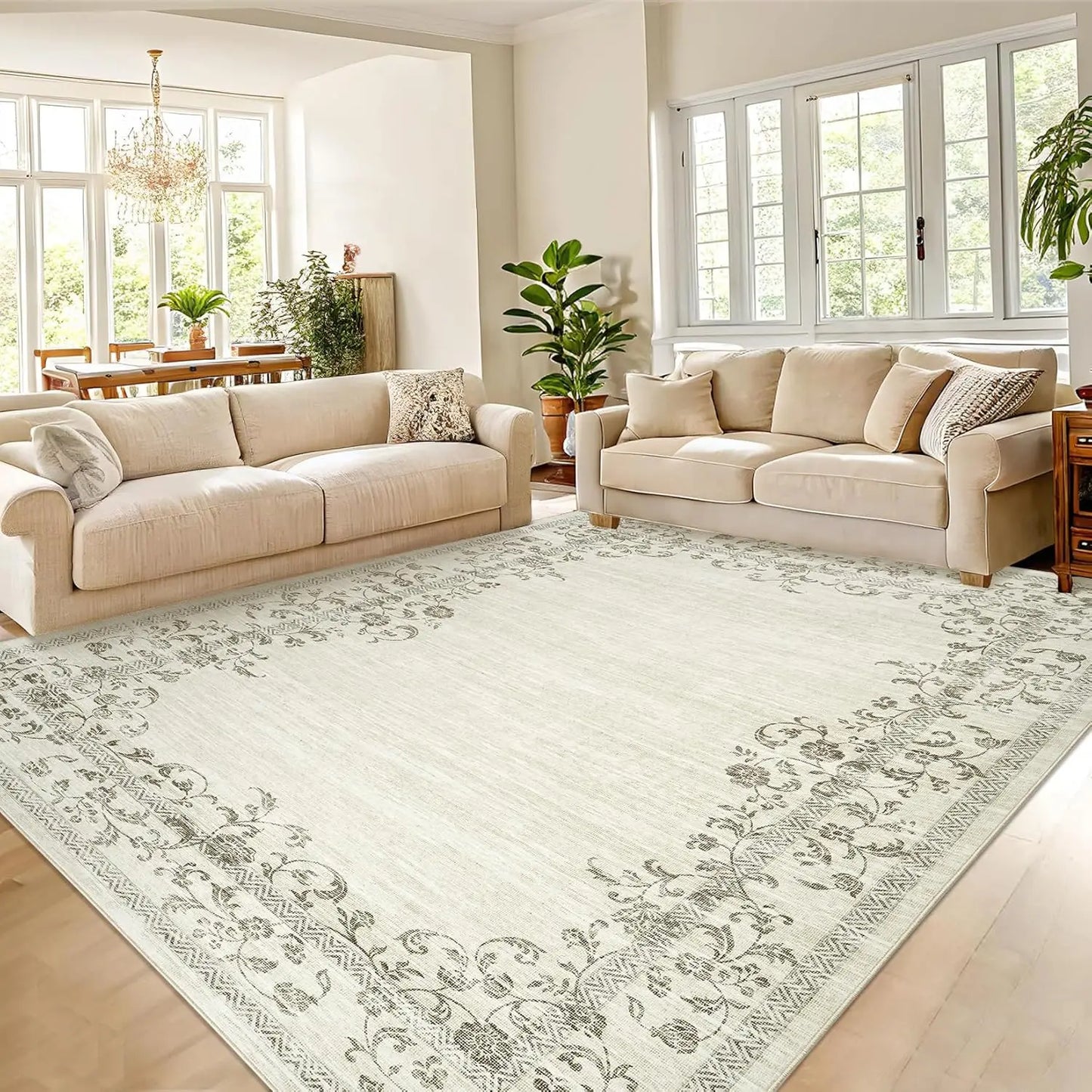 HiMISS Washable Floral Border Area Rug For Living Room