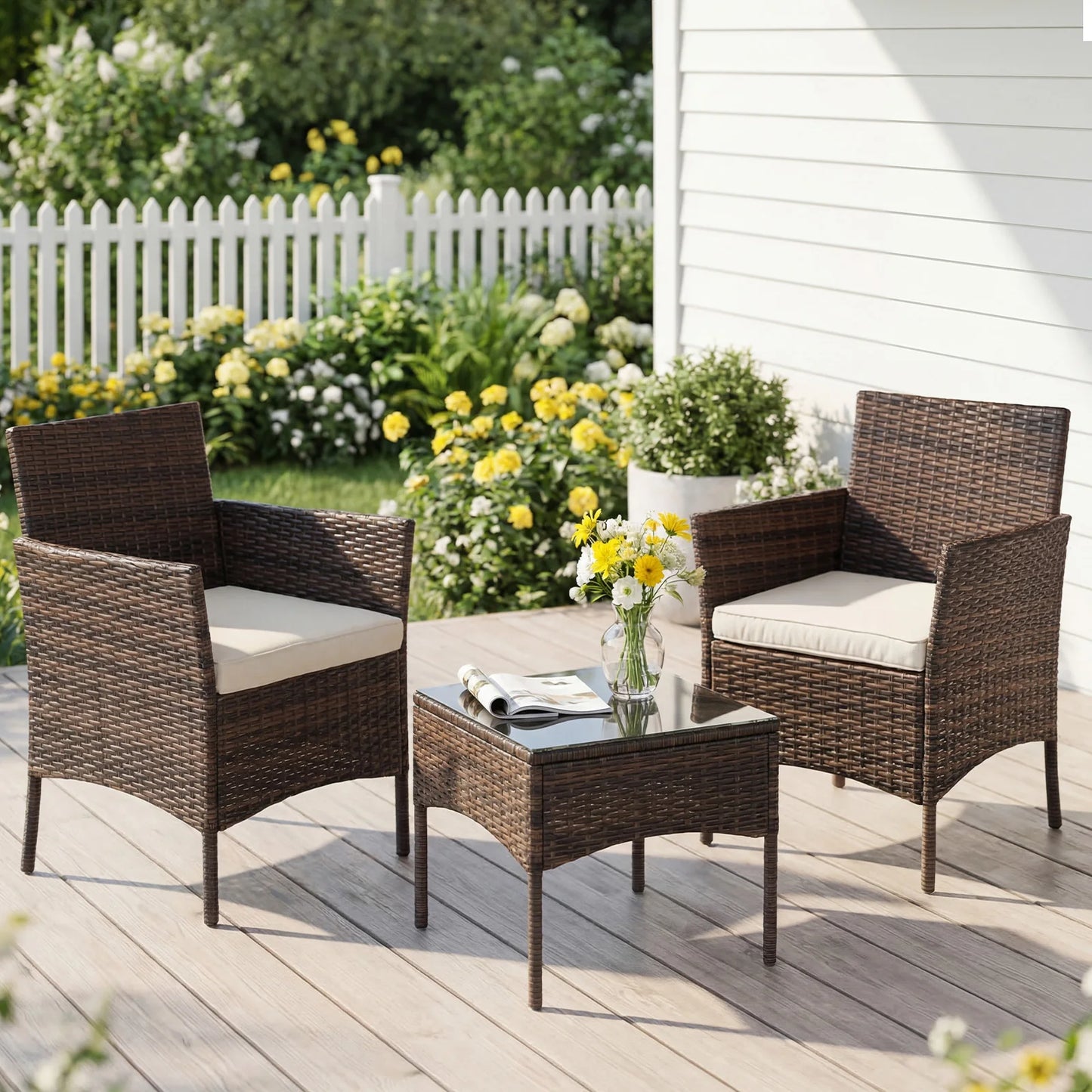 JHK Outdoor 3-Piece Wicker Patio Furniture Set With Glass Table