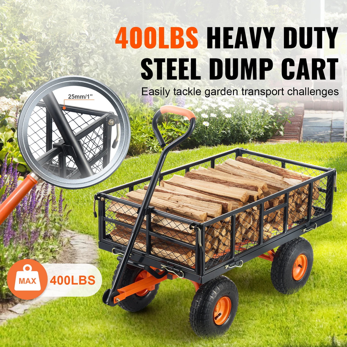 SucceBuy Metal Garden Utility Wagon Dump Cart Wheelbarrow