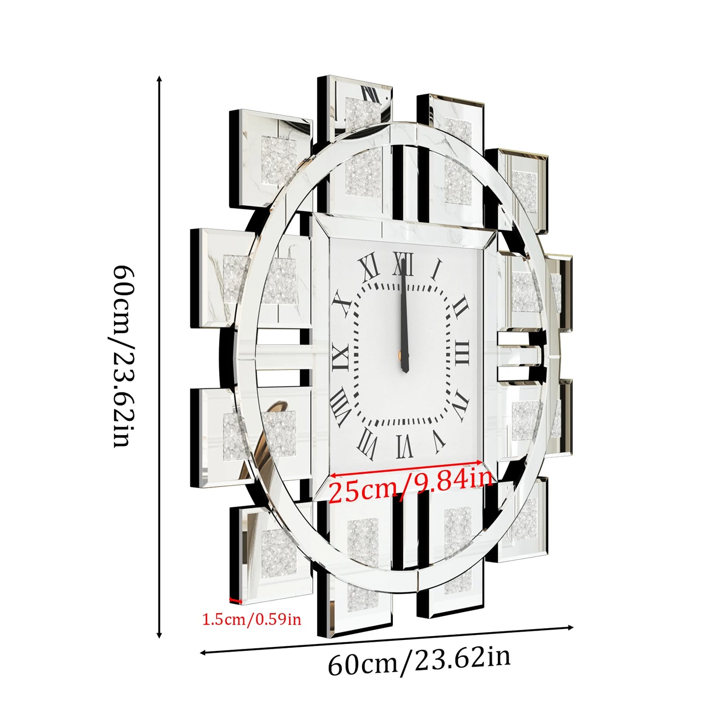 Crushed Diamond Mirrored Wall Clock With Roman Numerals