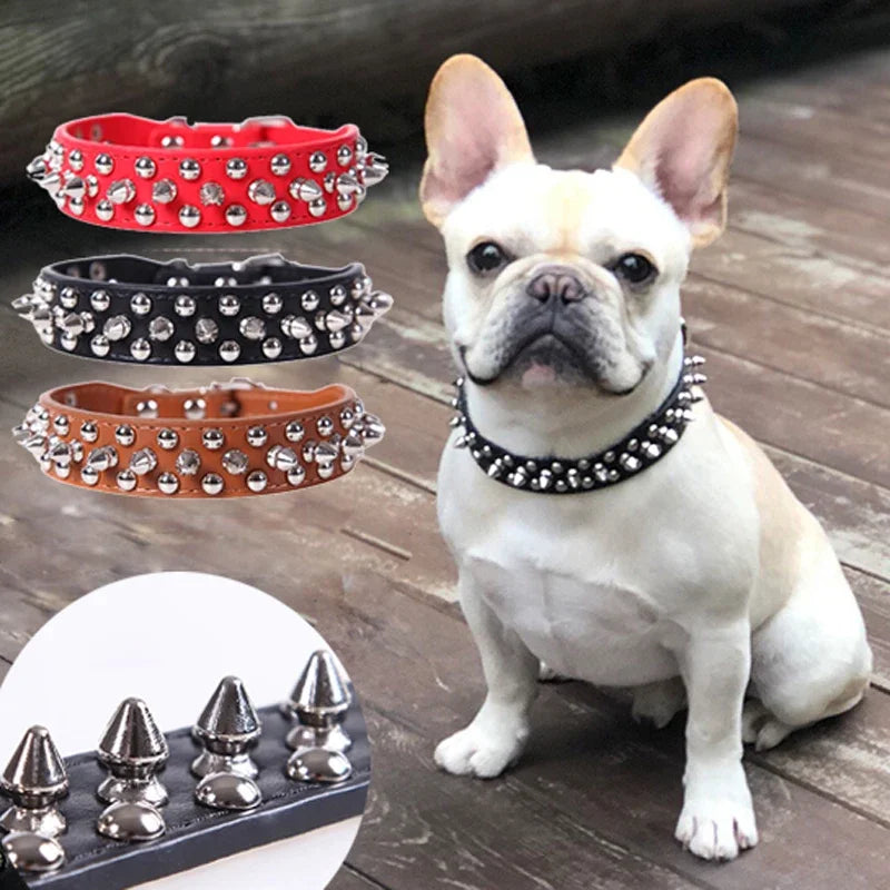 Adjustable PU Leather Dog Collar with Punk Rivet Spikes