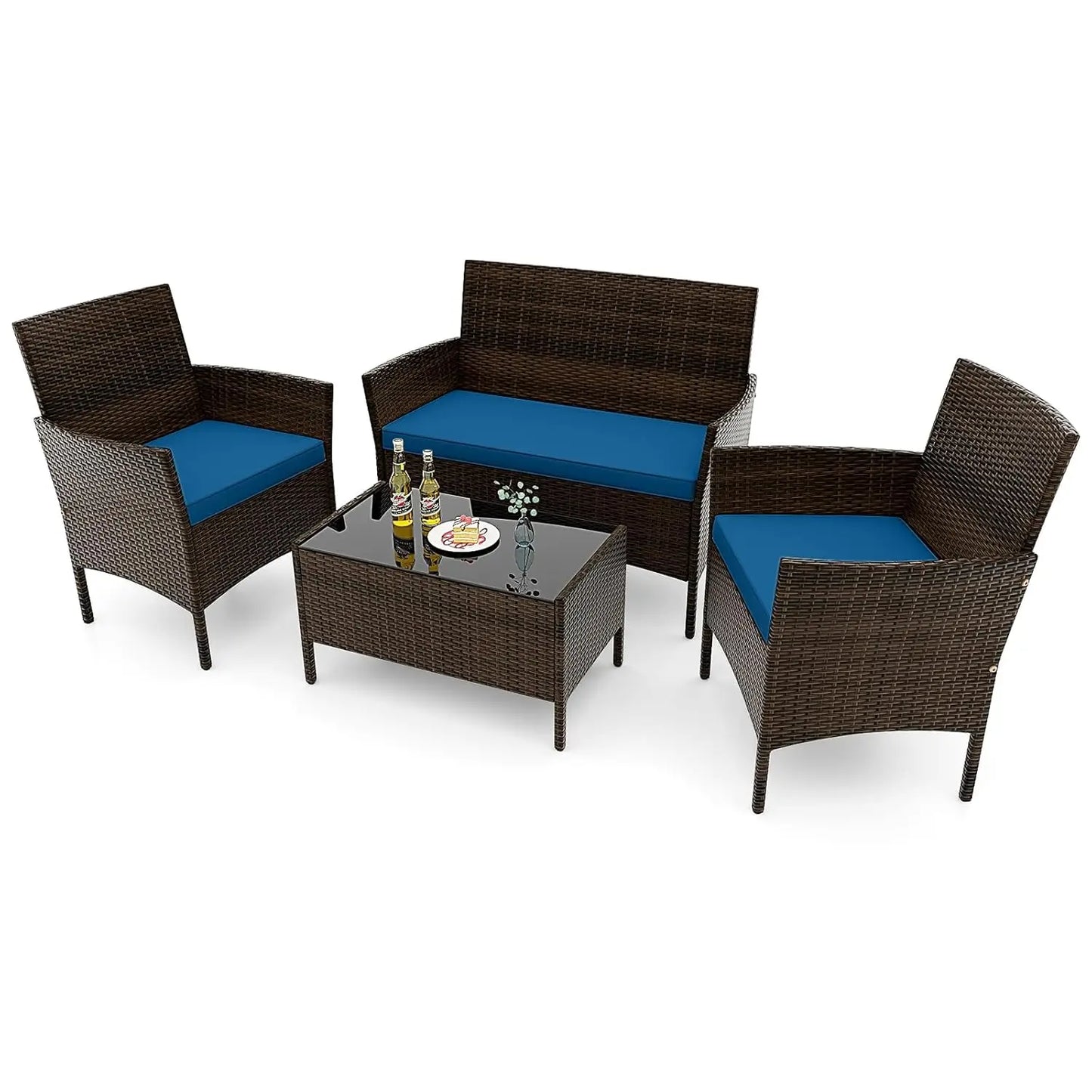 Rattan Outdoor 4-Piece Patio Set With Cushions And Glass Coffee Table
