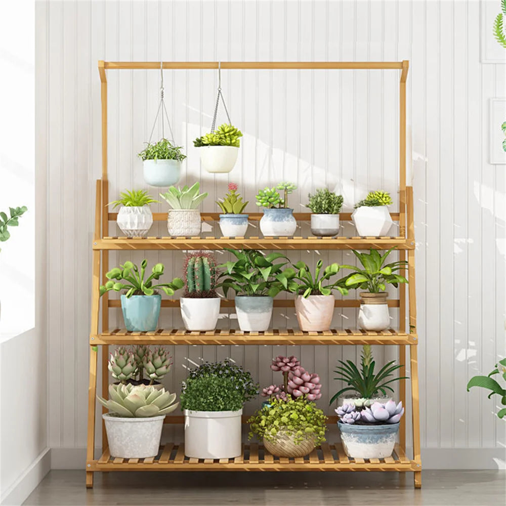Bamboo 3 Tier Plant Stand Folding Indoor Outdoor Garden Shelf