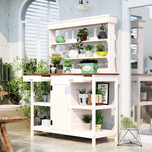 Outdoor Wooden Potting Bench Garden Workstation With Cabinet And Open Shelves