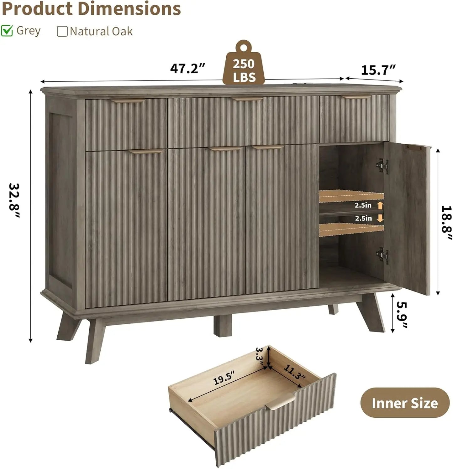 QUW Fluted Sideboard Buffet Cabinet With Charging Station
