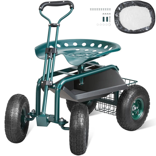 SucceBuy Garden Cart Rolling Workseat With 360 Degree Swivel Seat