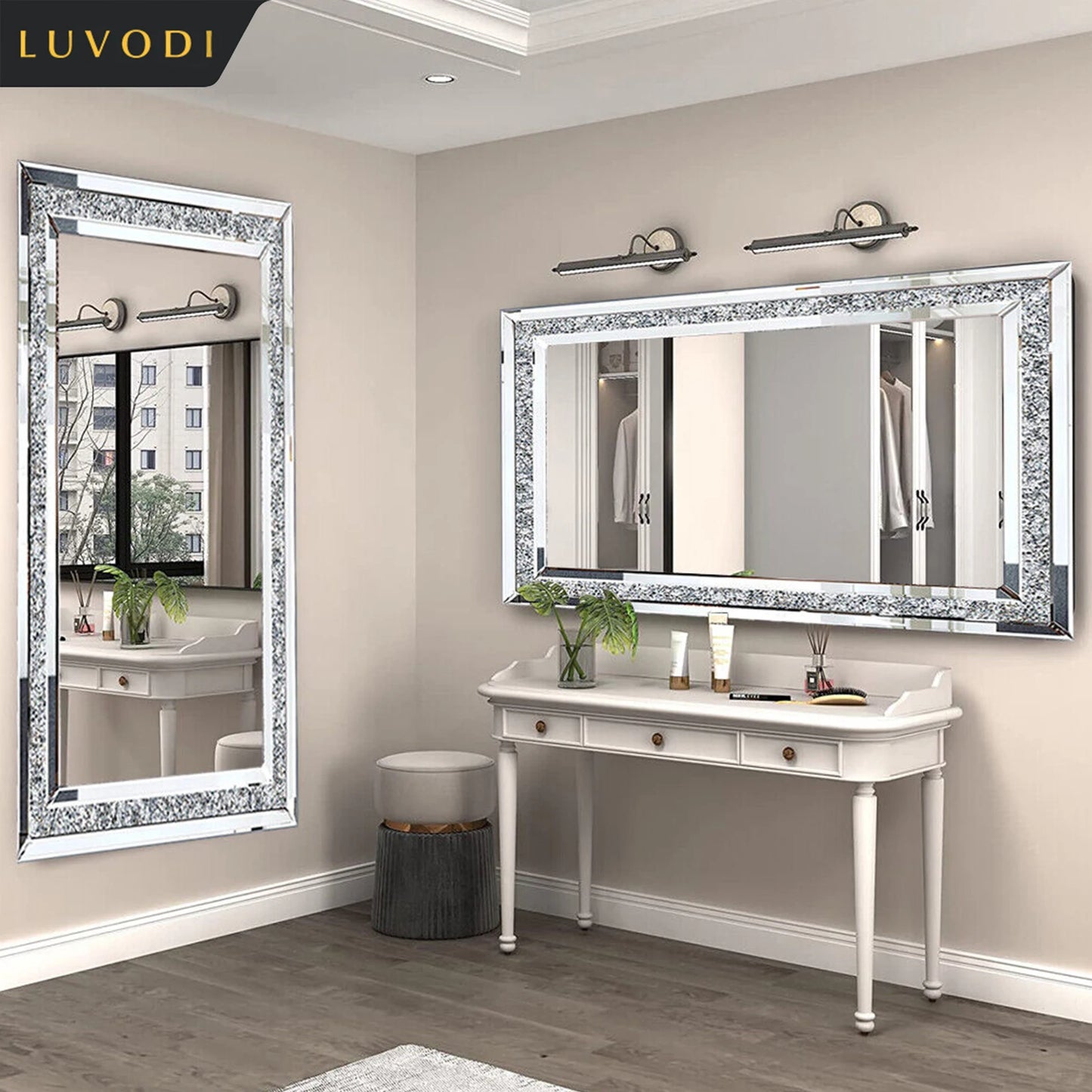 LUVODI Crystal Rhinestone Diamond Frameless Vanity Mirror Wall Mounted