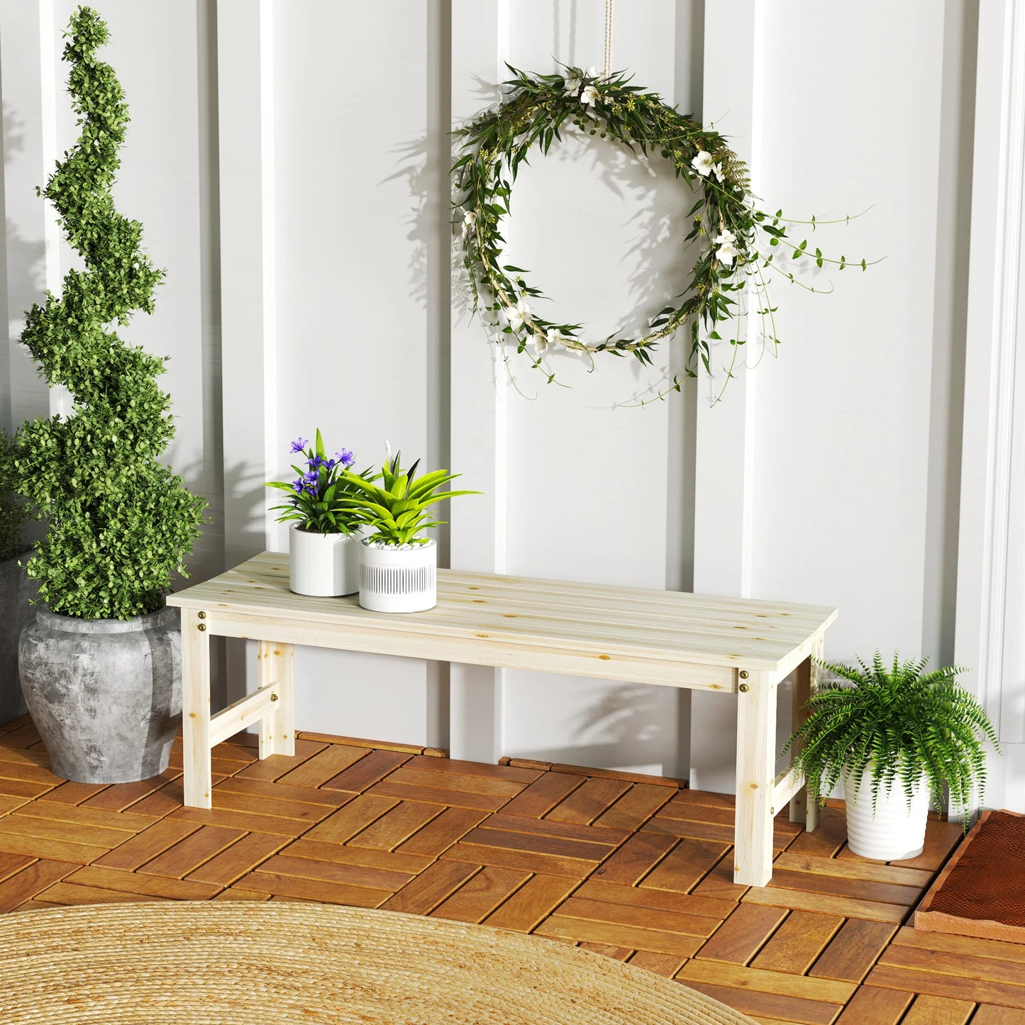 Wood Outdoor Garden Bench Two Seat Slatted Patio Bench