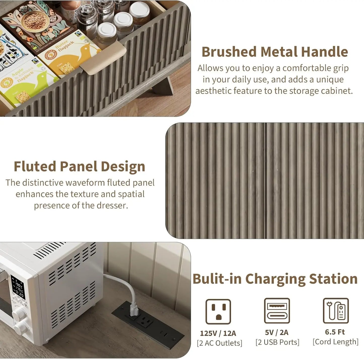 QUW Fluted Sideboard Buffet Cabinet With Charging Station