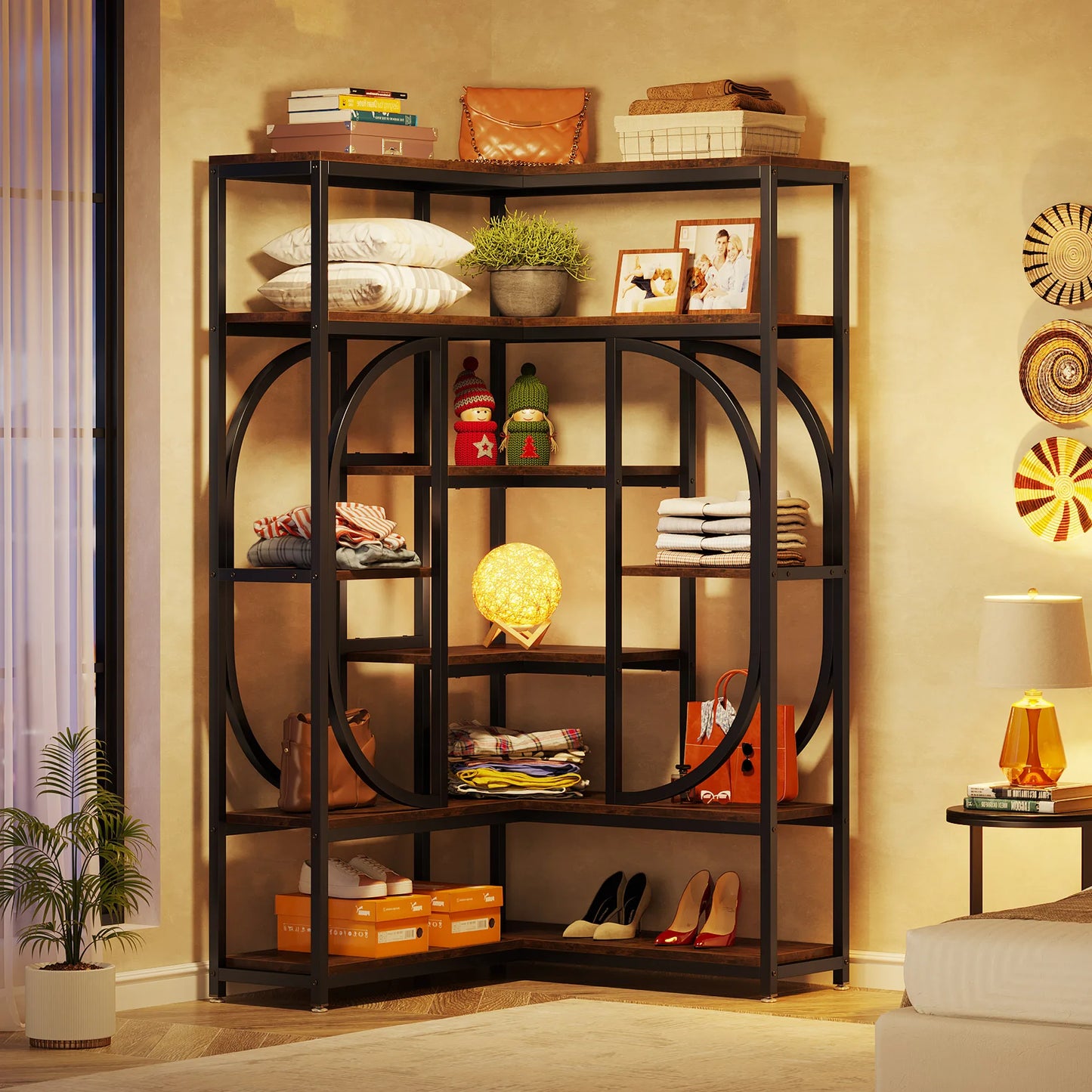 Little Tree 7 Shelf Corner Bookcase In Modern Iron Frame