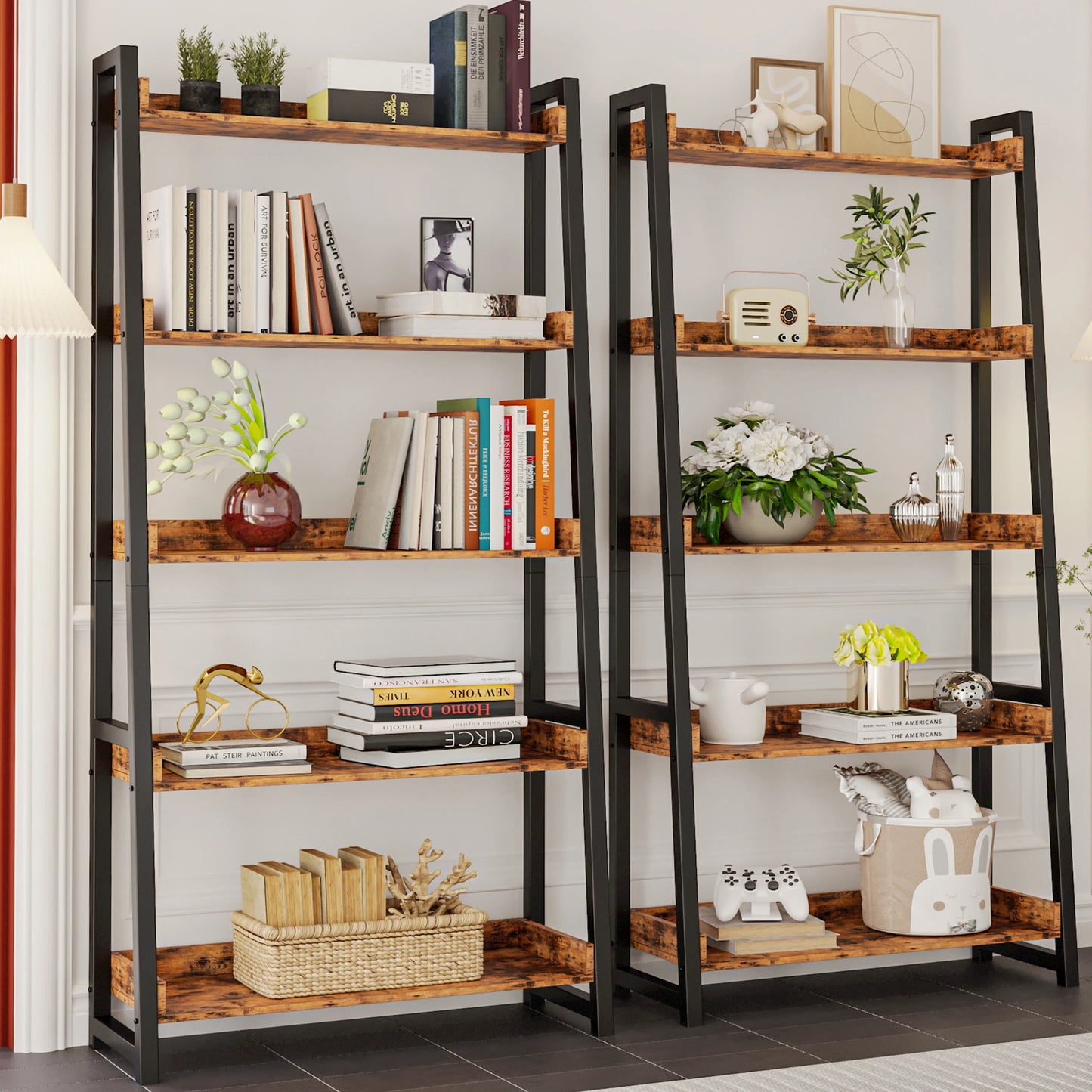 Ironck Industrial Bookshelf 5 Tier Ladder Shelf Metal Storage Unit