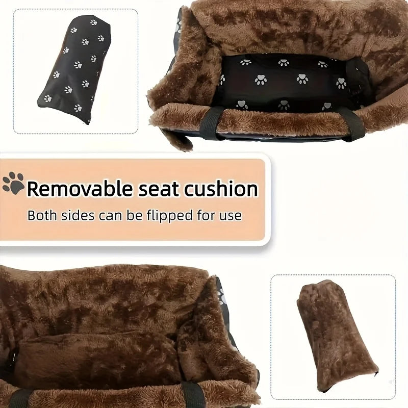 Black Fabric Dog Car Seat Portable Booster Basket PawPrint Headrest