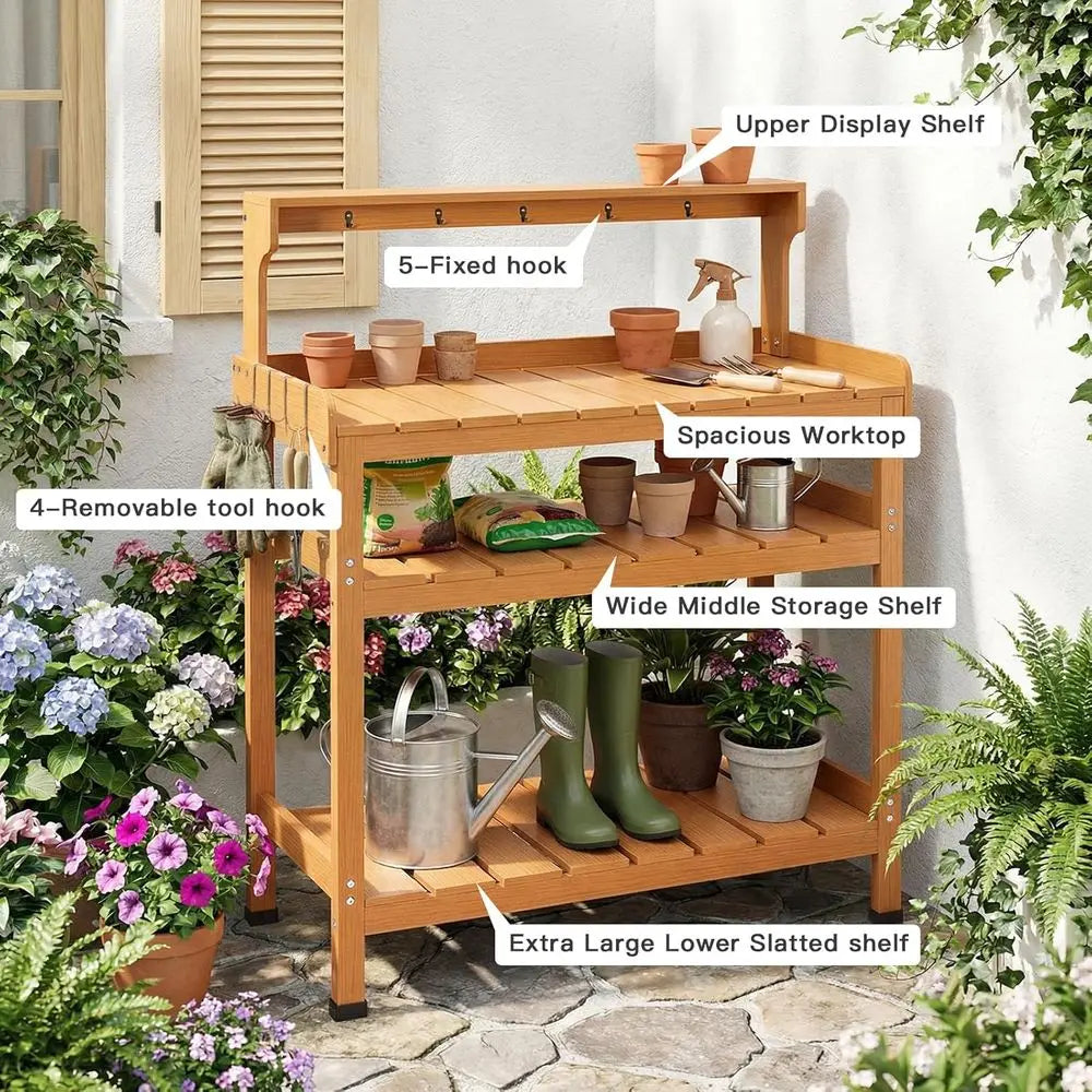 Potting Bench Table With 9 Hooks Outdoor Garden Workstation