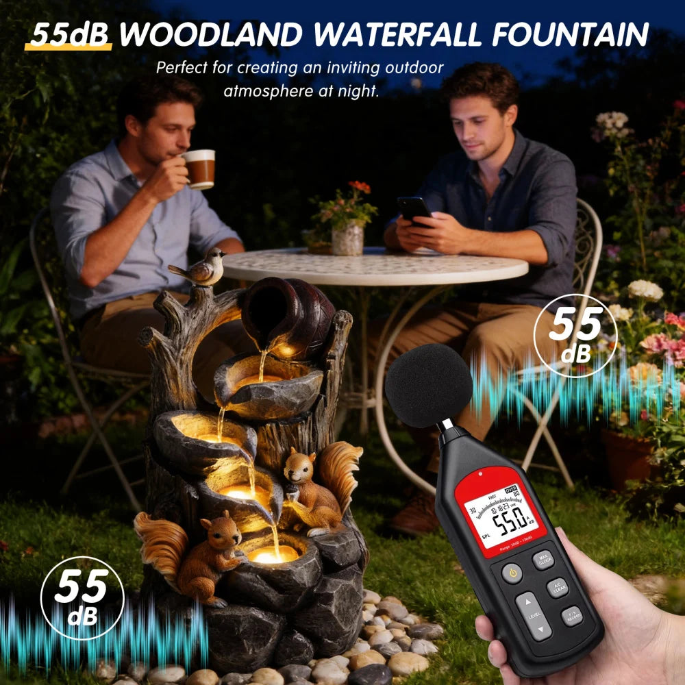 Squirrel Tree Stump Waterfall Fountain With Lights For Garden Patio
