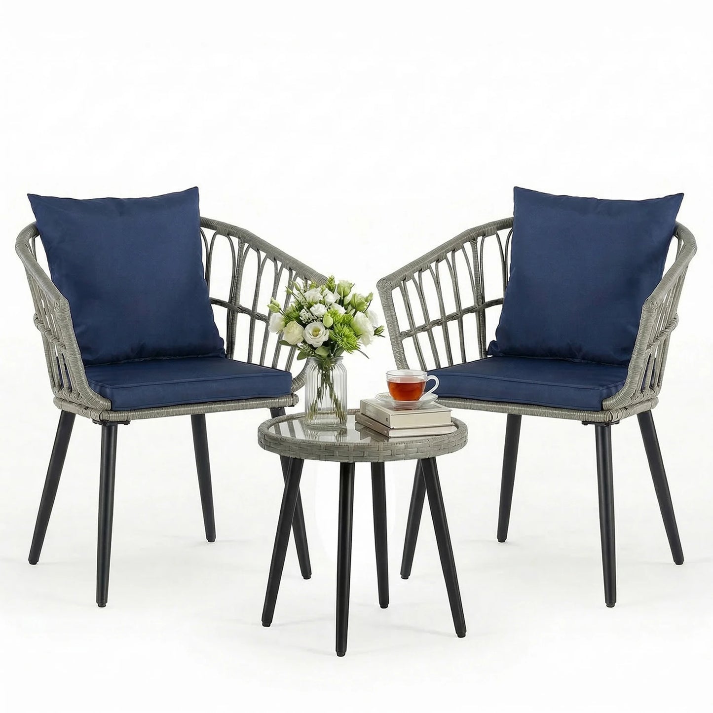 Wicker Patio Outdoor Set With Cushions Glass Top Table