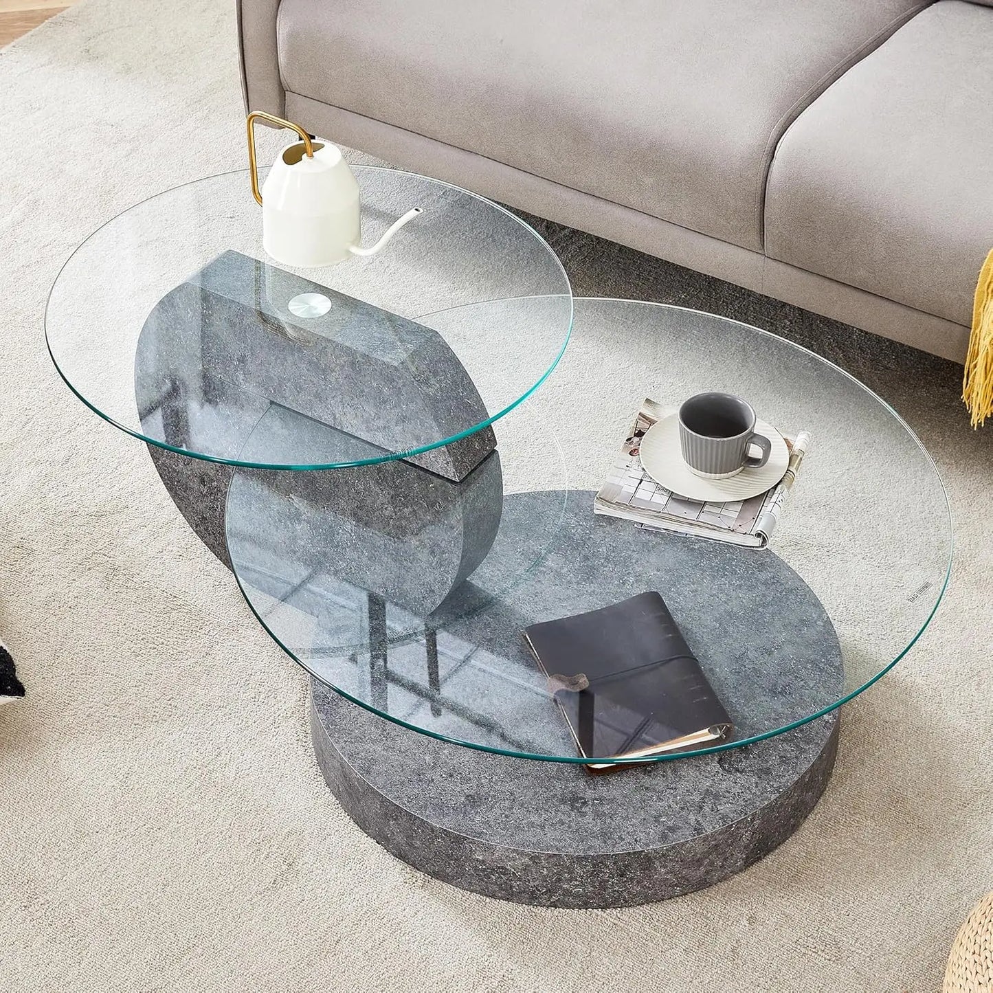 Round Glass Coffee Table With Wood Base Storage Modern Design
