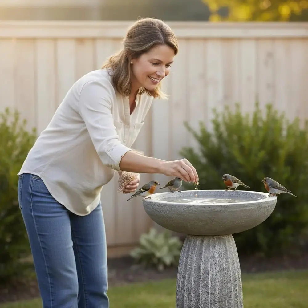 Fiber Reinforced Concrete Bird Bath With Textured Pedestal Outdoor