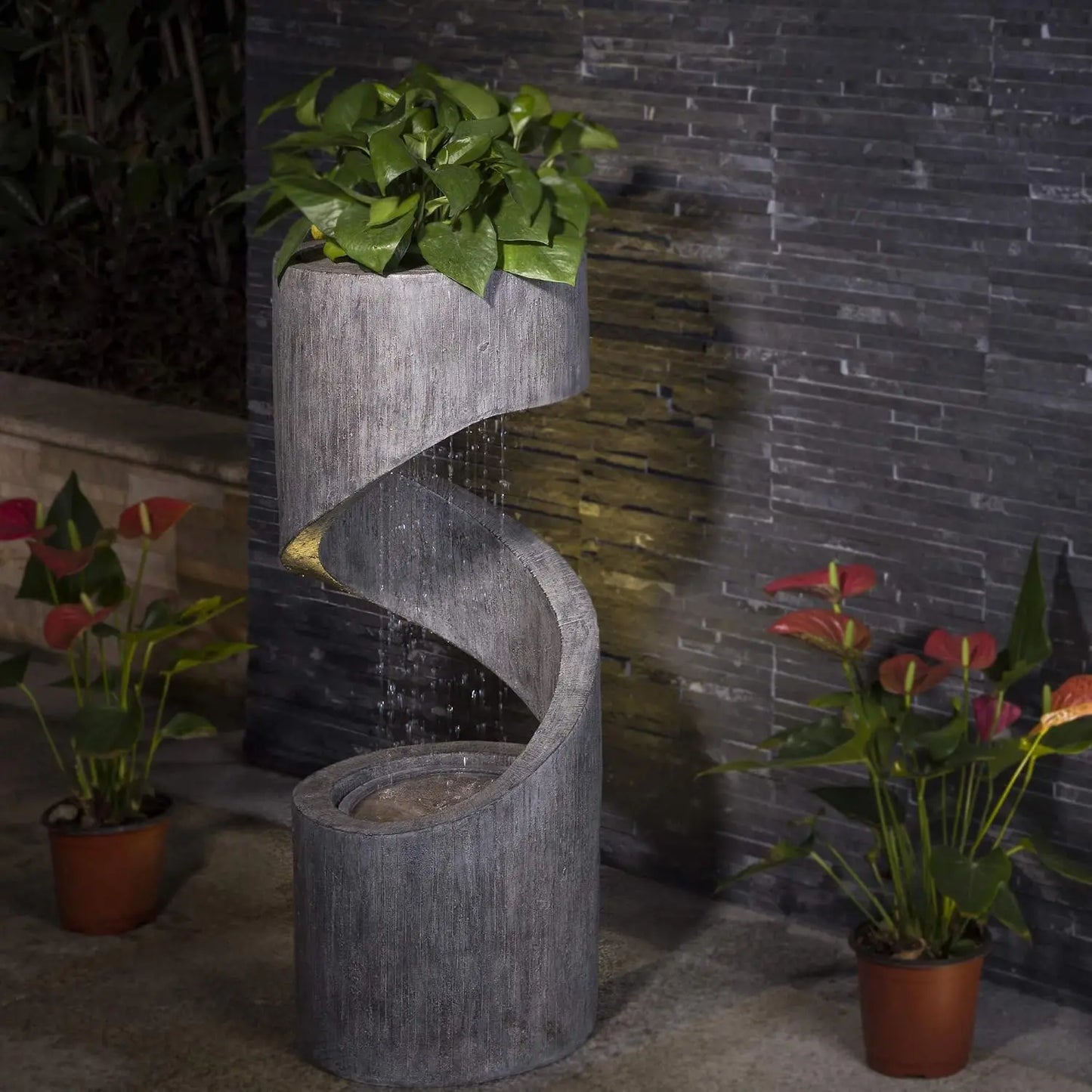Outdoor LED Water Fountain with Spiral Waterfall and Stone Planter