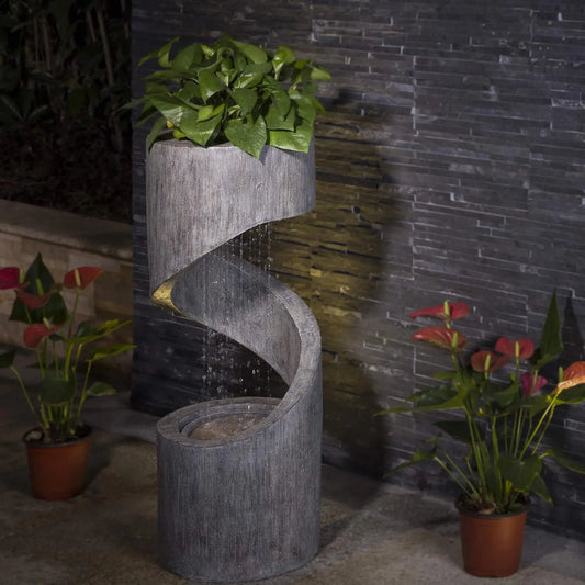Outdoor LED Water Fountain with Spiral Waterfall and Stone Planter