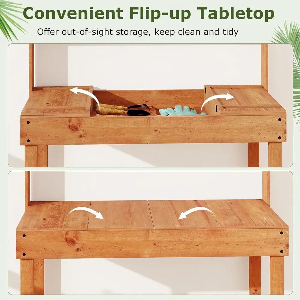 Potting Bench Table Outdoor Solid Wood Gardening Workstation