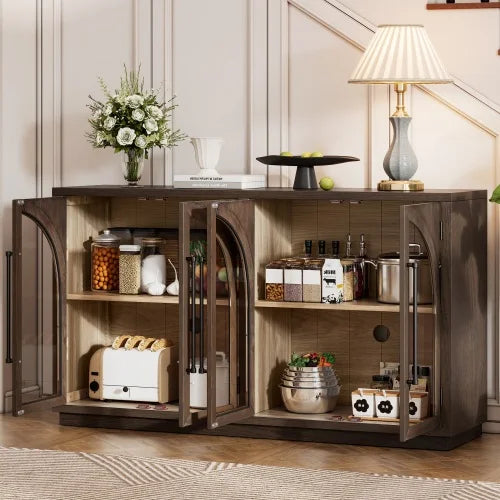 Arched 4-Door Sideboard Buffet Cabinet With Glass Doors