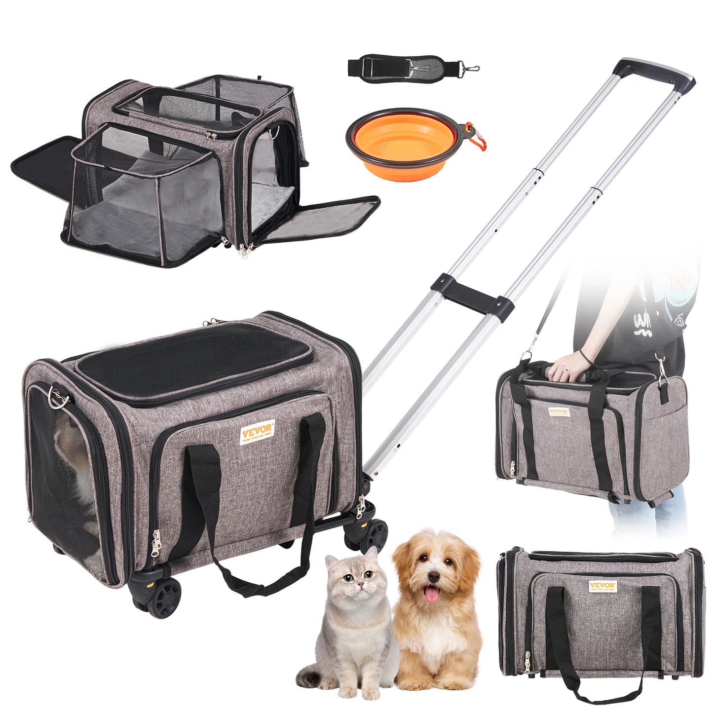 Pet Cat Carrier Backpack With Wheels And Telescopic Handle For Travel