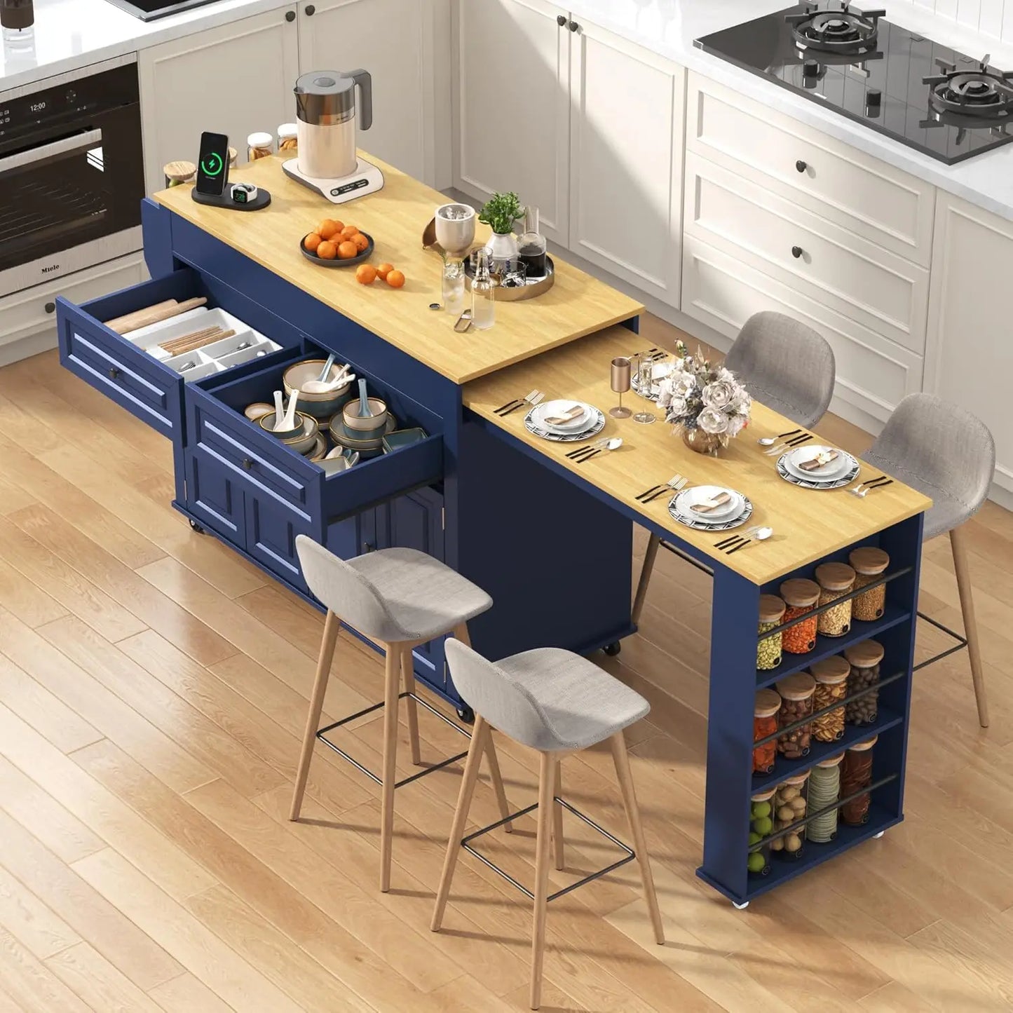 Extendable Kitchen Island With Dining Table And Power Outlet