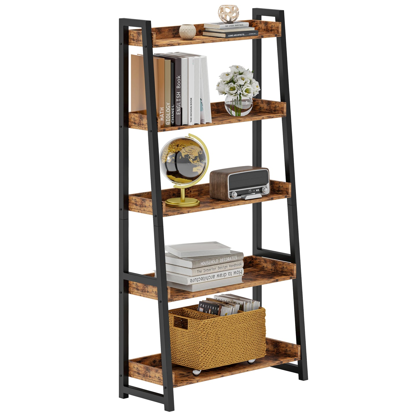 Ironck Industrial Bookshelf 5 Tier Ladder Shelf Metal Storage Unit