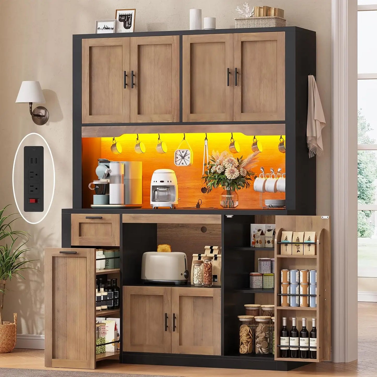 Pantry Cabinet With Microwave Stand And Charging Station LED Light