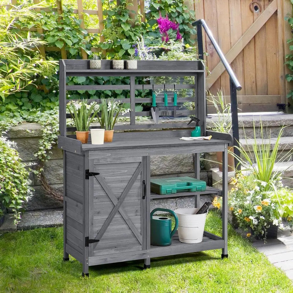 Outdoor Potting Bench Workstation With Storage Cabinet Shelving