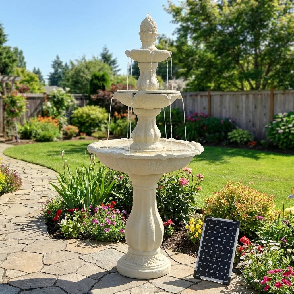 Solar Powered Outdoor Resin Water Fountain With Pineapple Finial