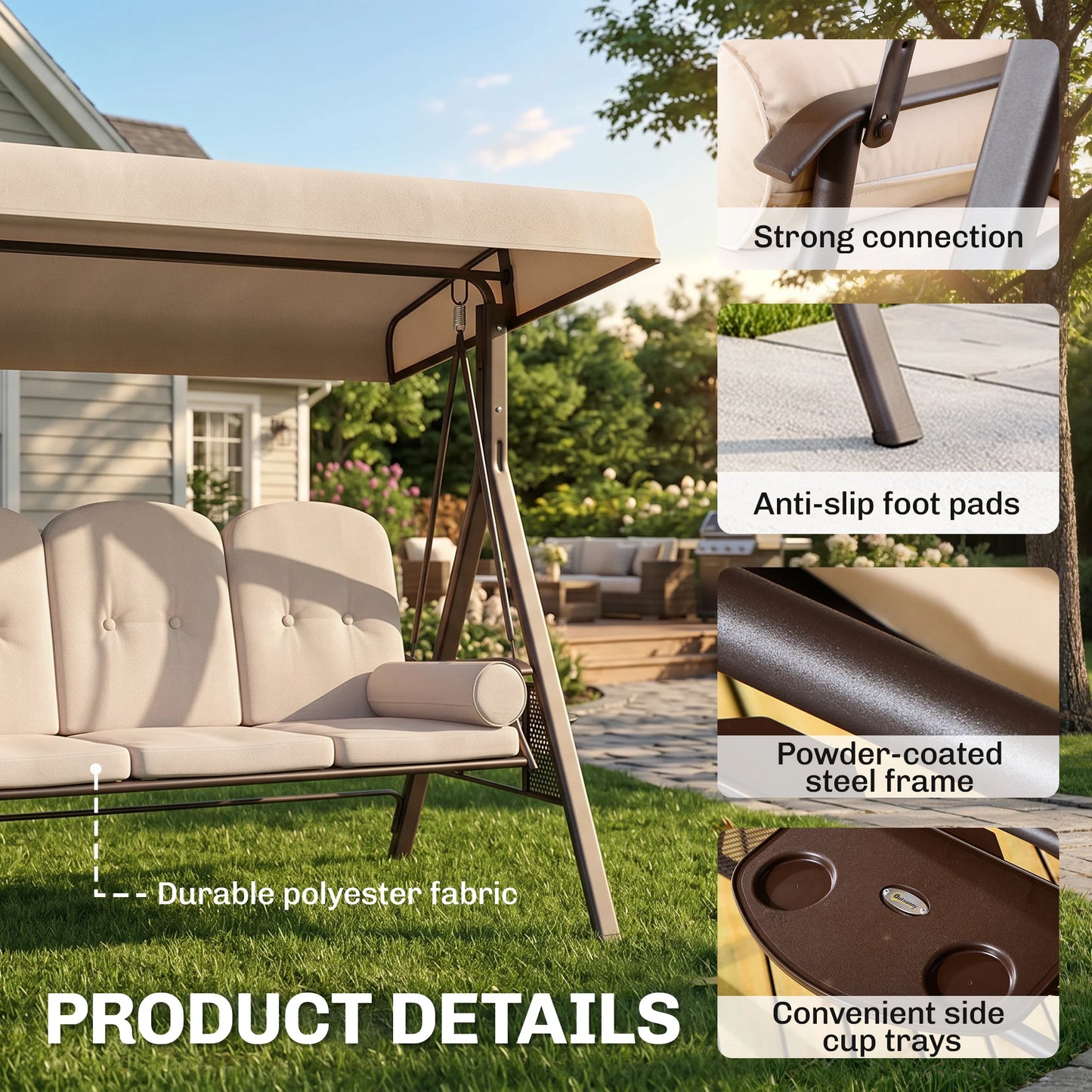 Three Person Outdoor Patio Canopy Cushioned Bench Swing