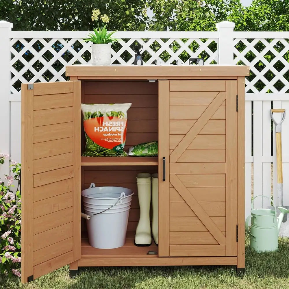 Outdoor Storage Cabinet Potting Bench Table With Metal Top