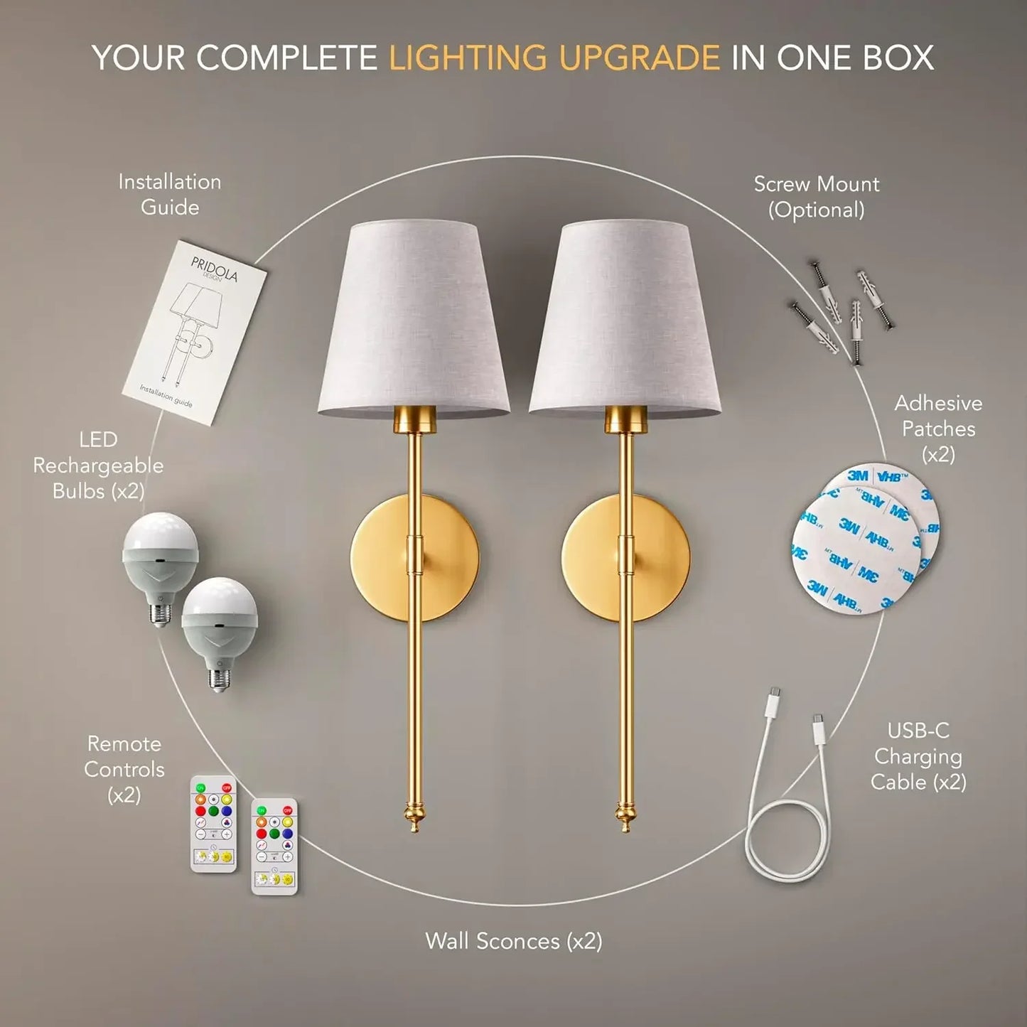Set Of Wireless Wall Sconces With Remote And Rechargeable LEDs