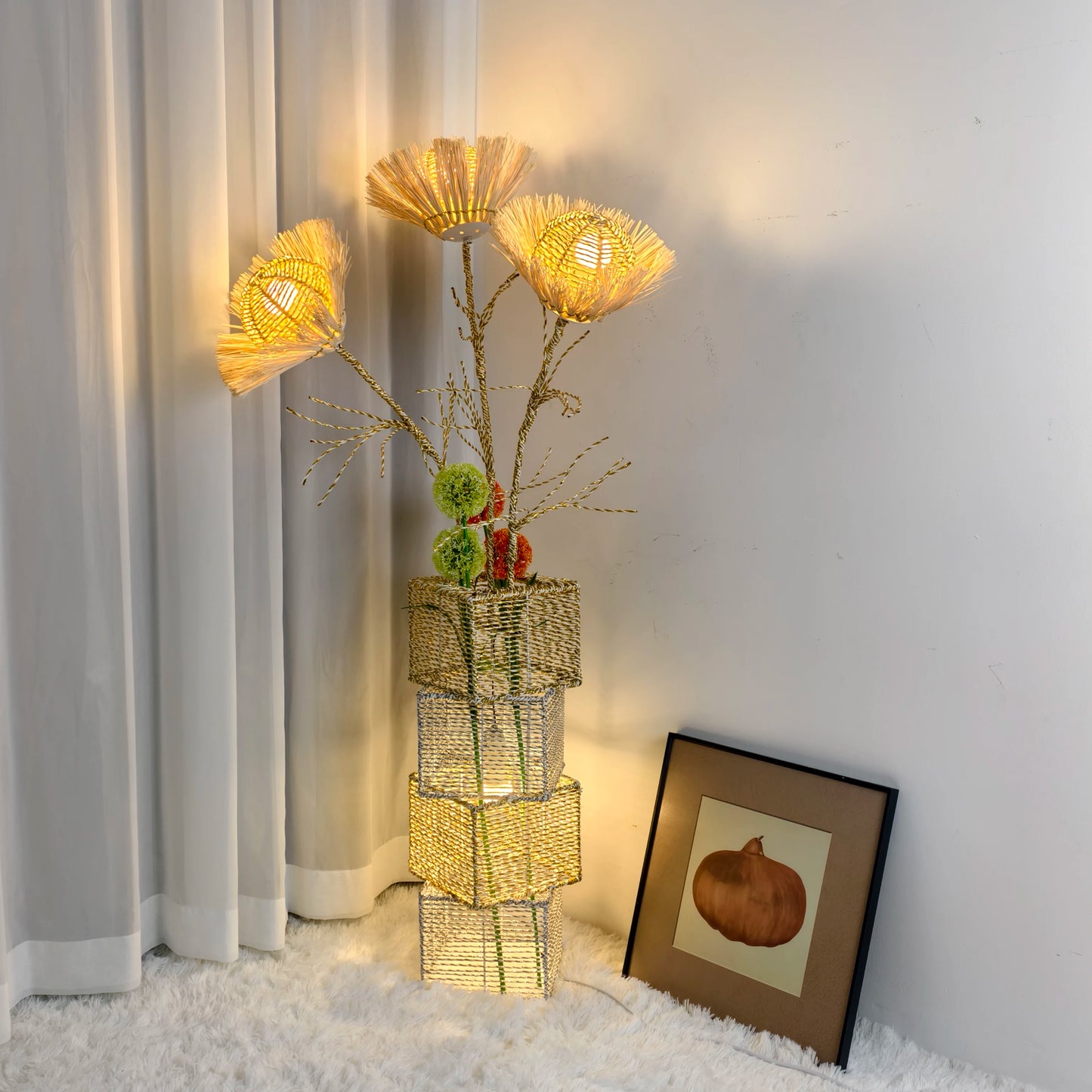 Modern Rattan Floor Lamp With Dimmable LED Night Light