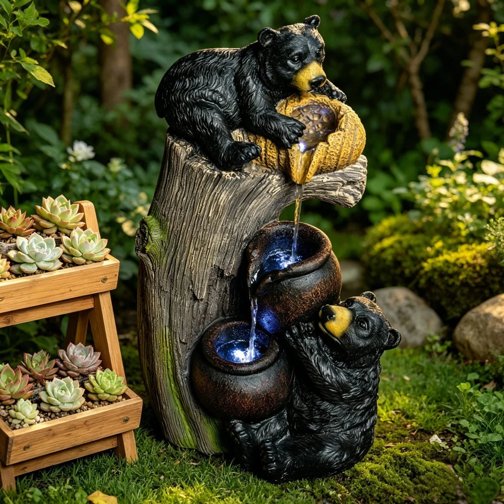 Bear Outdoor Water Fountain With LED Lights for Gardens