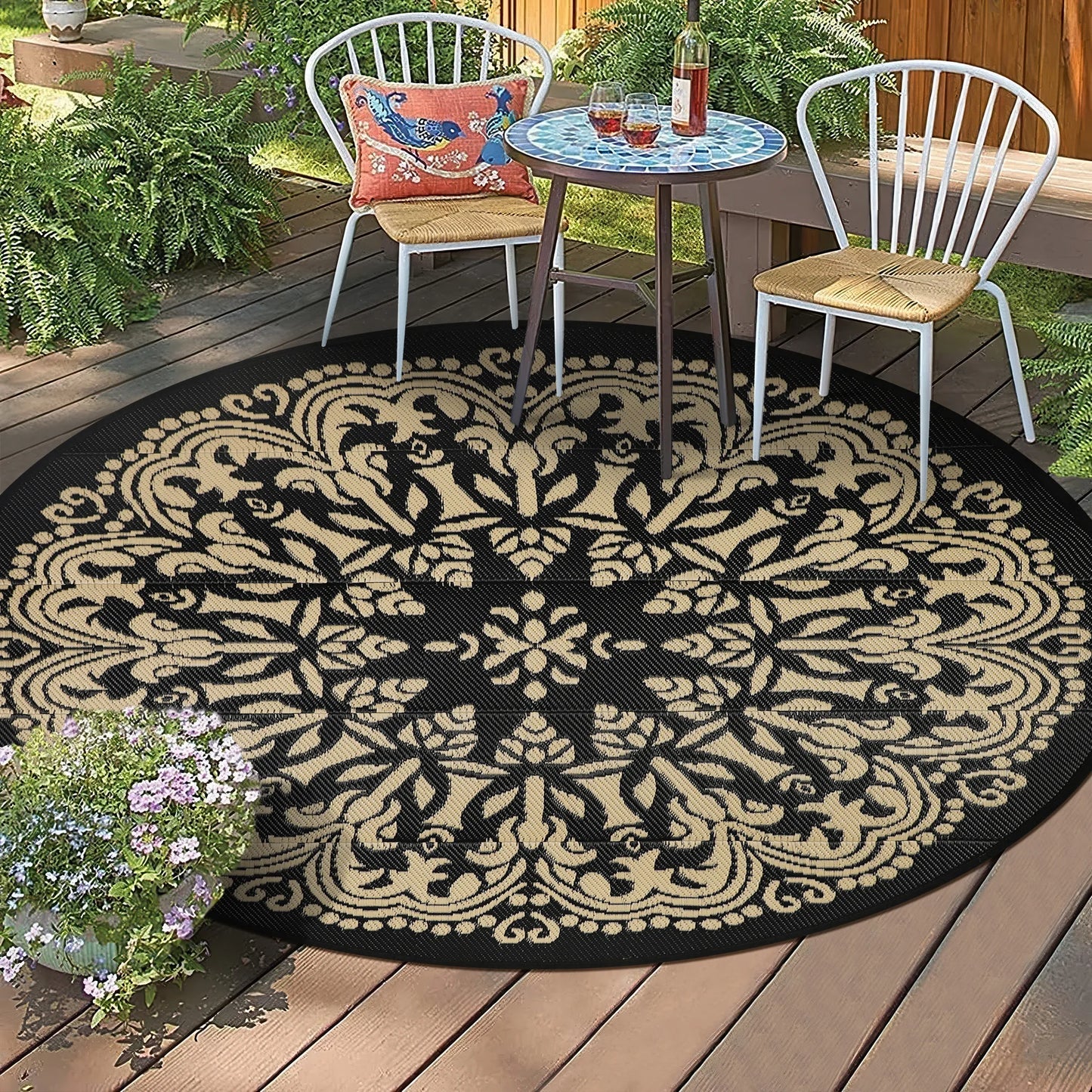 Round Outdoor Rug Portable Waterproof Reversible Plastic Straw Mat