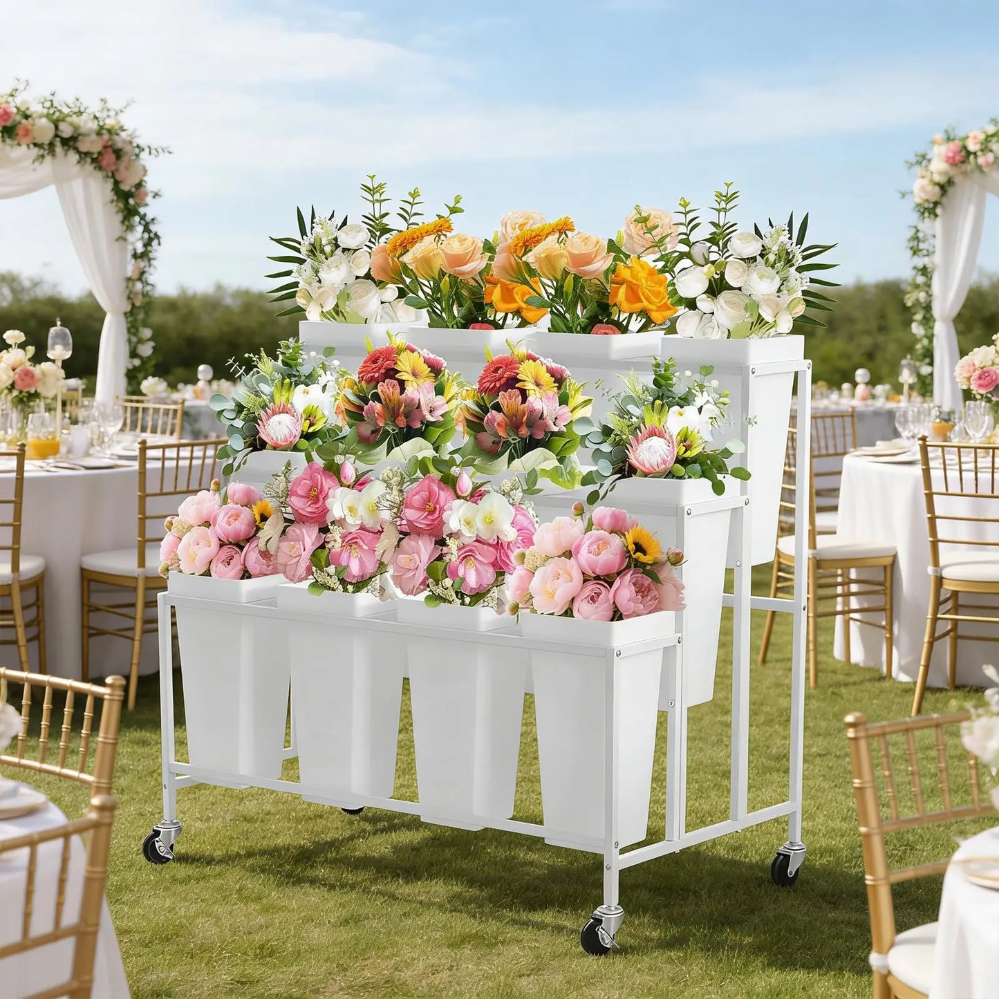 HiMISS 3 Tier Rolling Flower Display Stand With Buckets